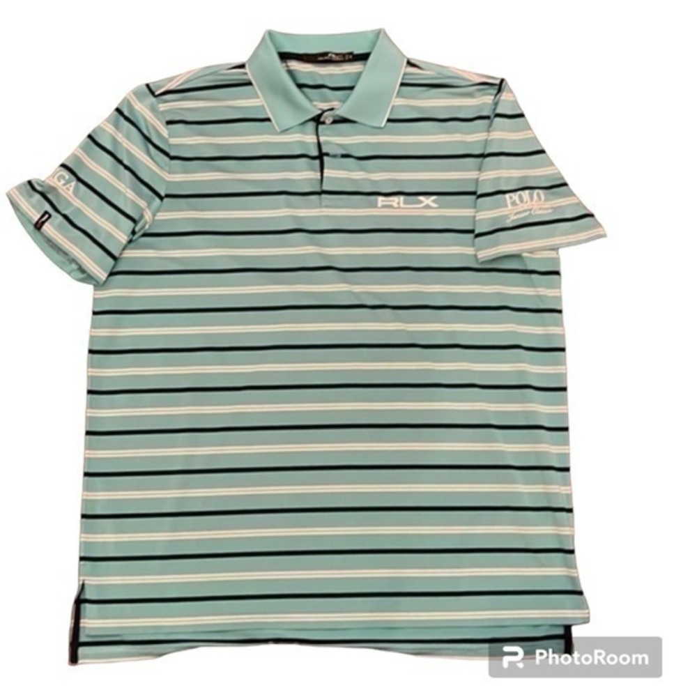 RLX Ralph Lauren Performance Golf Polo Teal Navy Stripe AJGA Series‎ Size XL